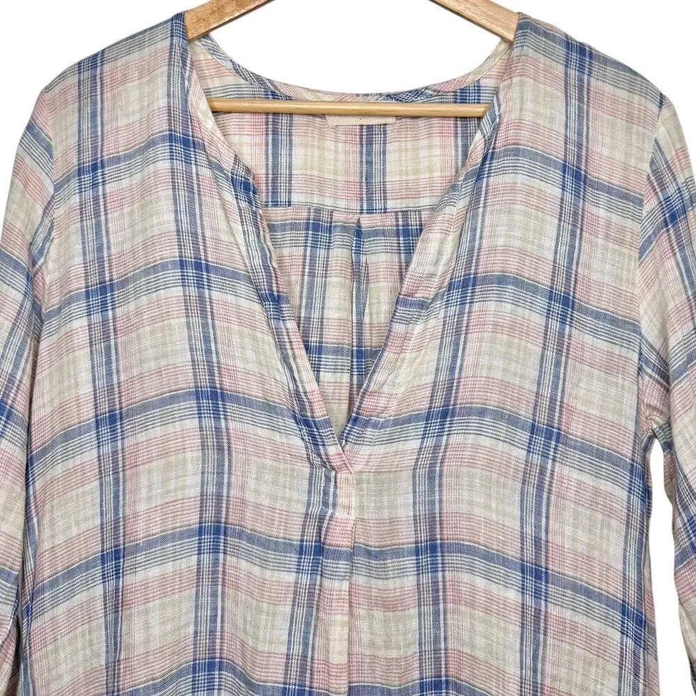 CP Shades Pastel Plaid Linen Split Neck Long Tunic Top Size XS - Picture 4 of 9